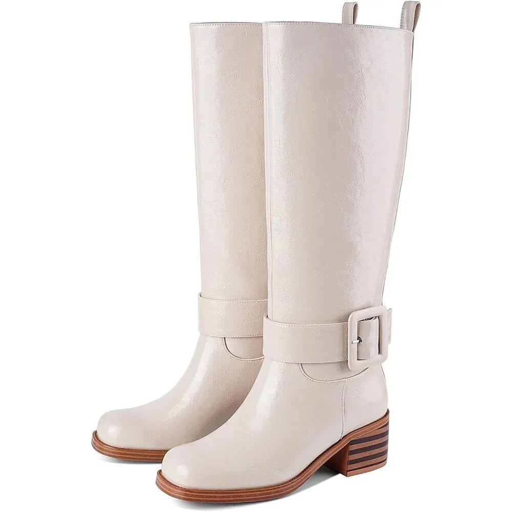 Women's B-beige Round Toe Wide Calf Chunky Low Heel Pull Knee High Boots Rubber